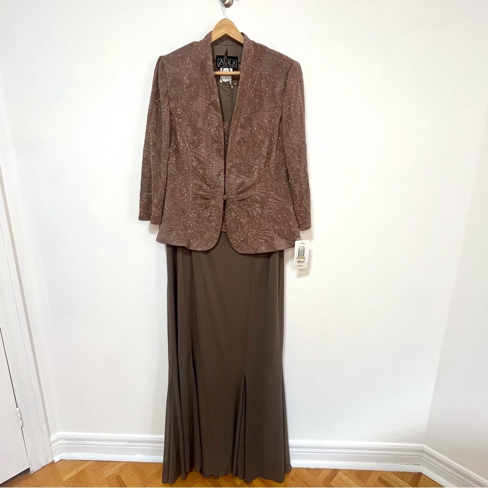 Alex Evenings Long Jacquar 2 pc Dress Blazer Style 125165 Stone Brown Size 14